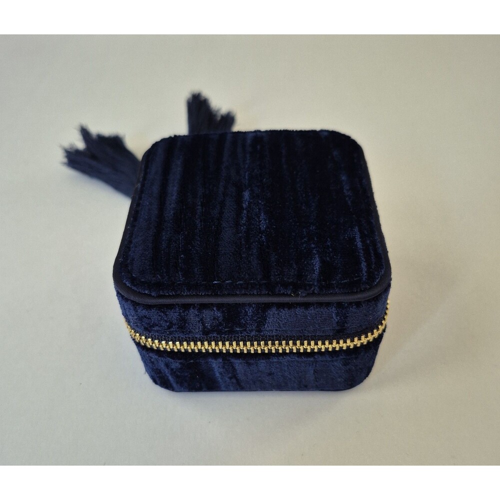 Sezane Blue Velvet Zip Around Square Travel Jewelry Organizer w/ Tassel NWOT